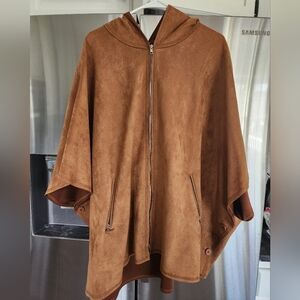 Brown Faux Suede Hooded Cape Poncho with Zipper, Miilla